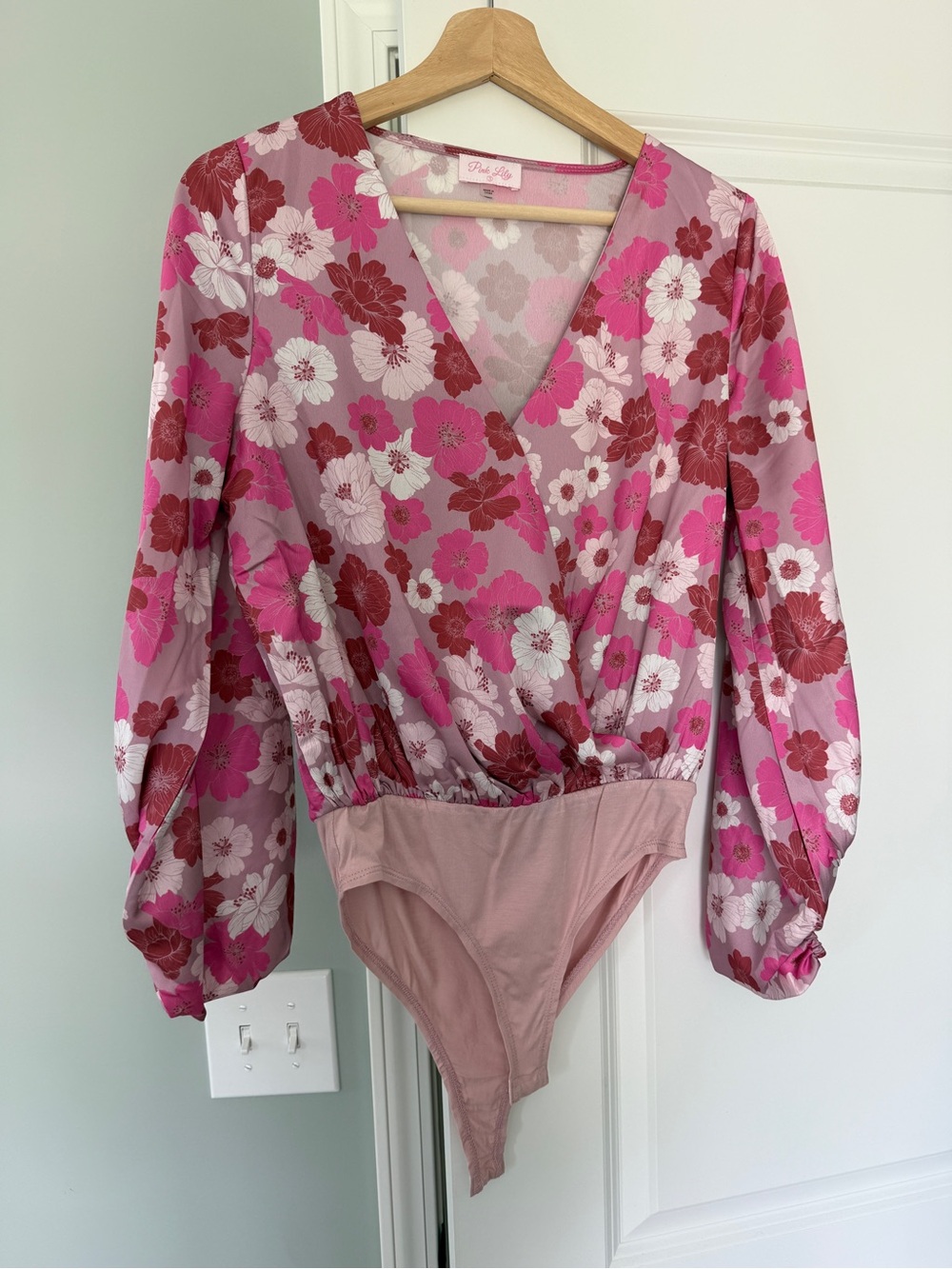 Pink Lily Pink Floral Wrap Bodysuit Top in Pink, White & Red